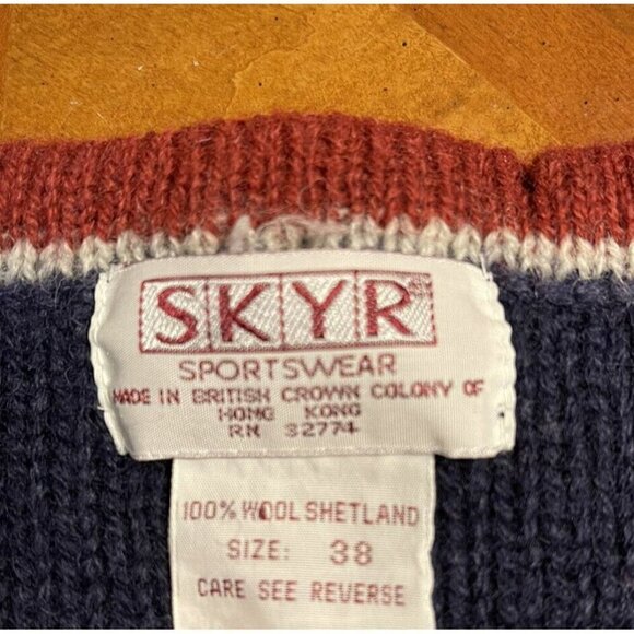 90s Vtg Womens Skyr Shetland Wool Cardigan Sweater Button Front Blue Red 38 Flaw - Picture 4 of 11